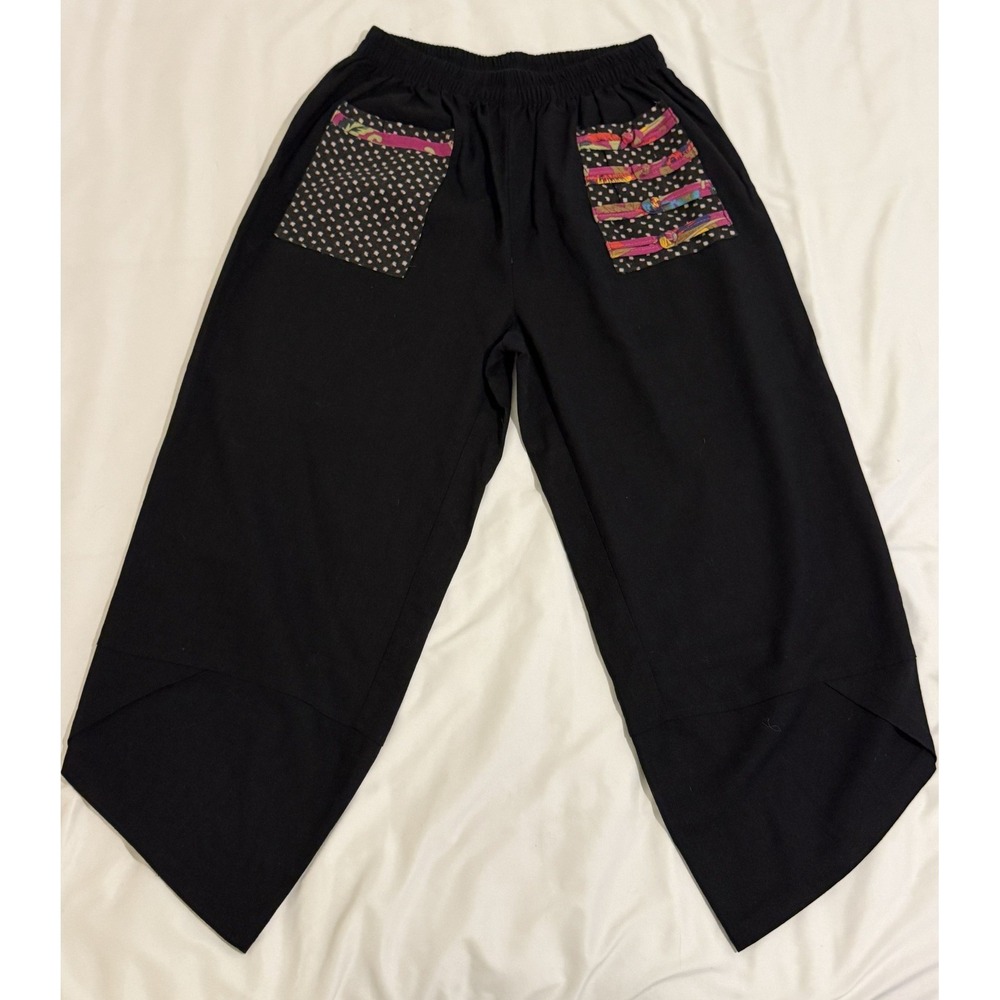 Womens Black Wide Leg Cropped Pants M Elastic Waist Asymmetrical Patchwork Hem